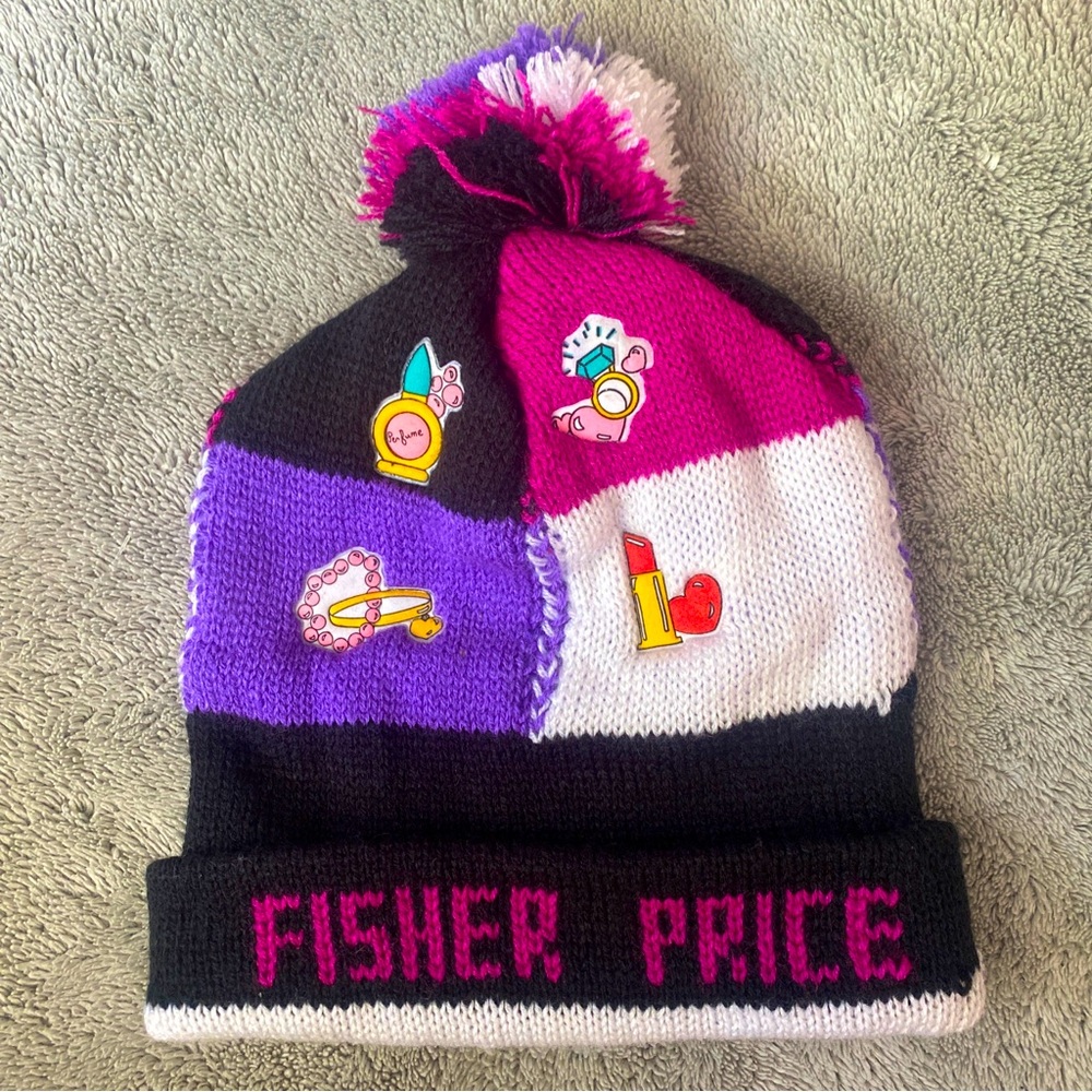 Vtg Fisher Price Child Youth Colorful Winter Beanie Pom Pom Hat 90s Makeup Knit